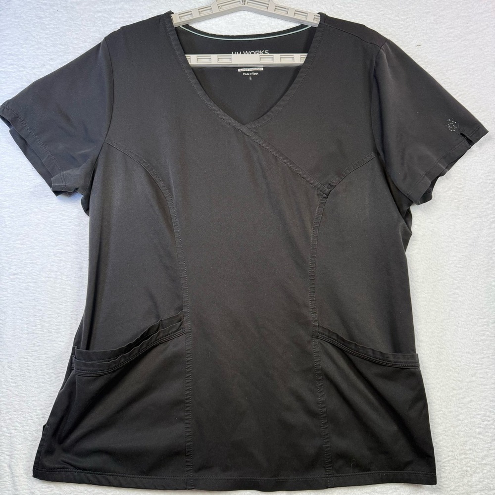 HH Works Scrub Top V-Neck Short Sleeve Stretch Medical Uniform Black L